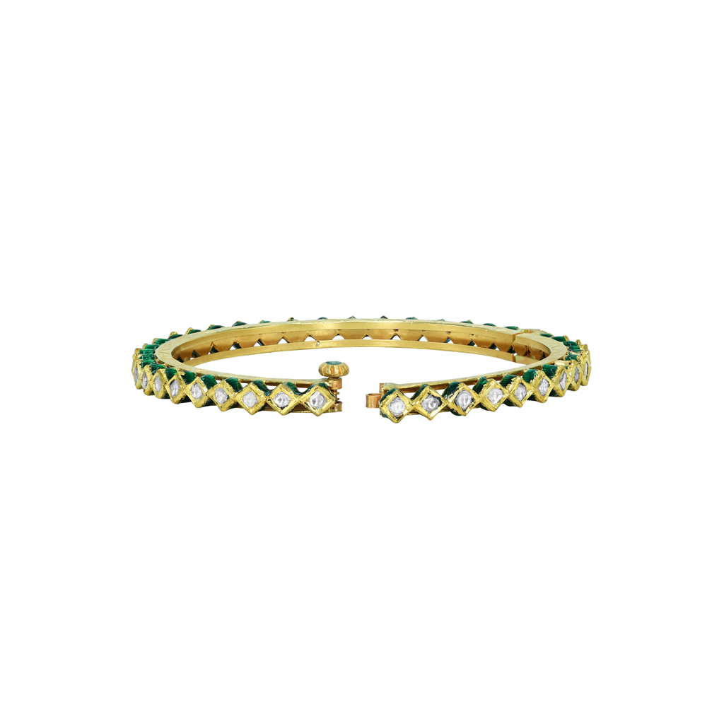 Geometric Gold Bangle with Green Enamel on Edge